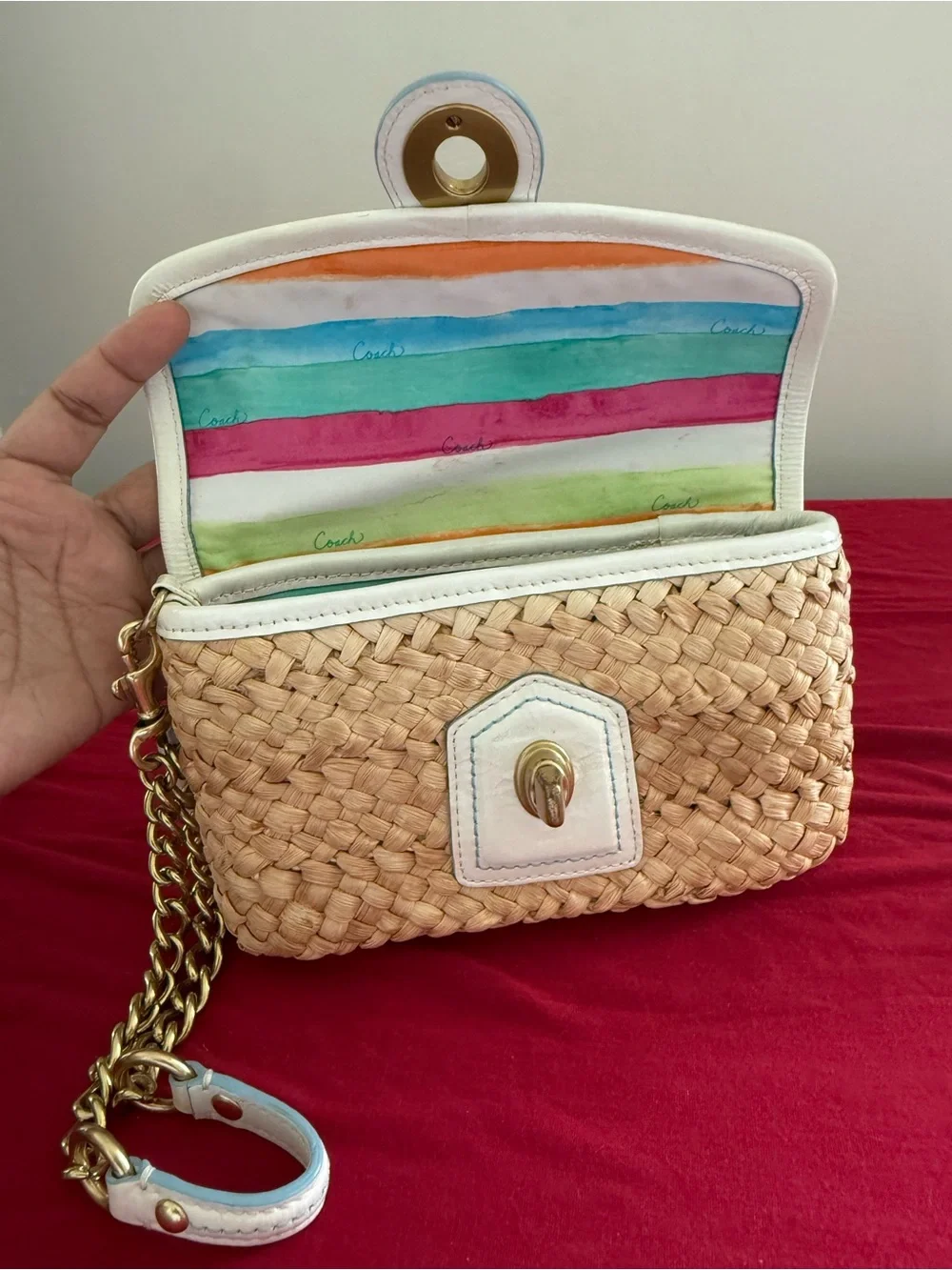 Coach Natural Straw and White Leather Turnlock Crossbody